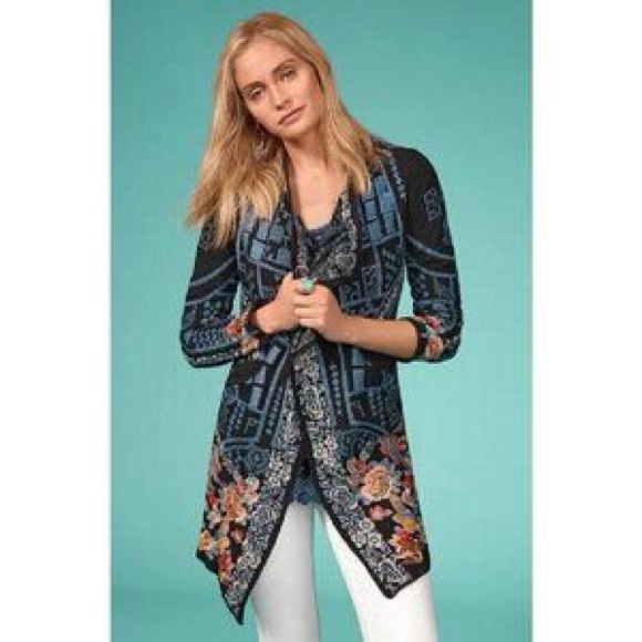 Johnny Was BIYA Embroidered Turquoise Open Front Cardigan Jacket Pockets Belt M - Picture 9 of 9